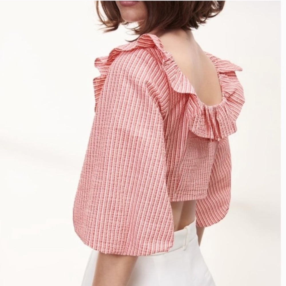 Zara Womens Striped With Ruffles Crop Top Red/White Large - Picture 3 of 7